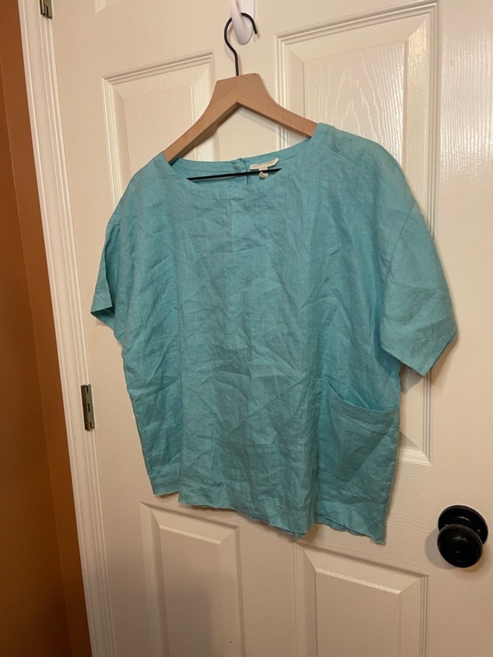 Eileen Fisher Linen Pocket Top in Aqua Blue Coastal Grandmother Size Small - Picture 2 of 10